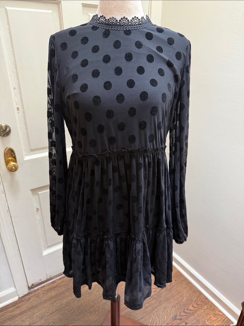Blu Pepper Black Sheer Polka Dot Tiered Dress
